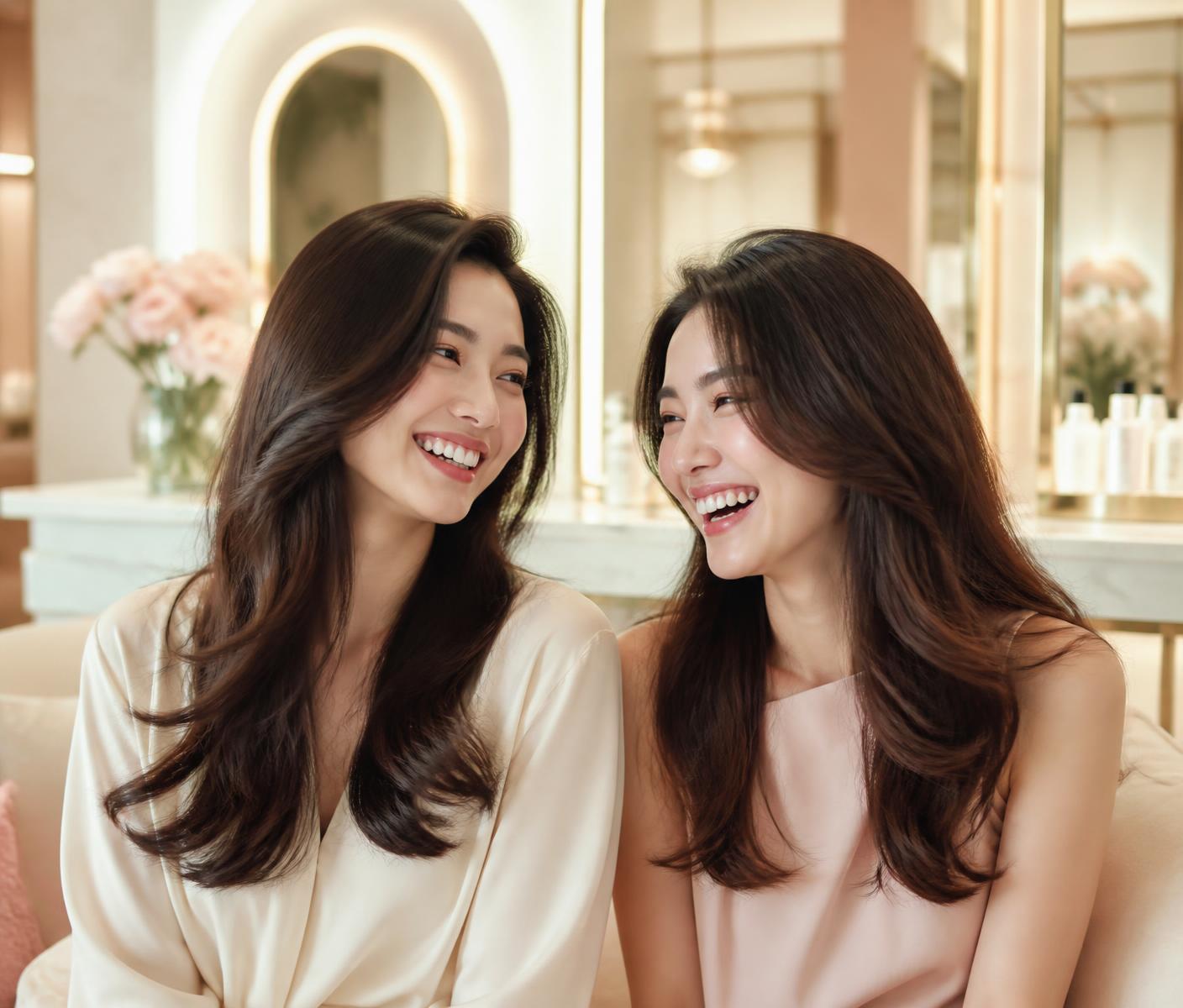 Two friends after their AfterStudio appointment, sharing the VIP refer-a-friend reward